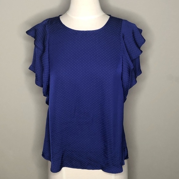 Lush Blue Polka Dot Patterned Ruffle Sleeve Top, S - Picture 1 of 6